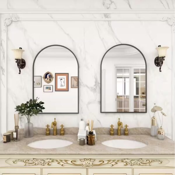 24 in. W x 36 in. H Arched Metal Framed Wall Bathroom Vanity Mirror Black