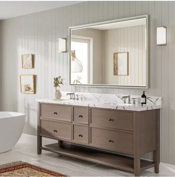 48 in. W x 36 in. H Rectangular Framed Aluminum Beveled Edge Wall Mount Bathroom Vanity Mirror in Brushed Nickel